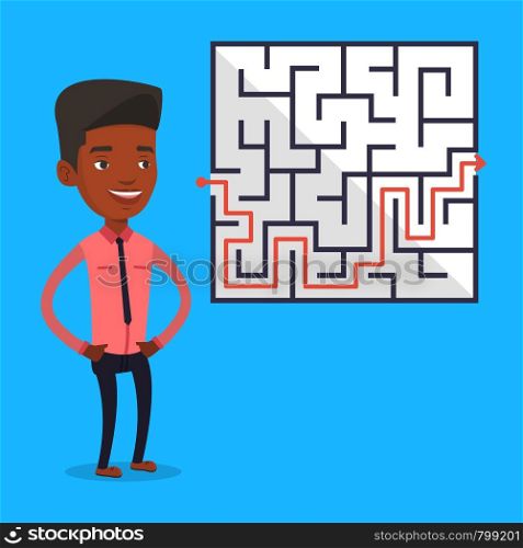 Young businessman looking at labyrinth with solution. An african-american businessman thinking about business solution. Business solution concept. Vector flat design illustration. Square layout.. Businessman looking at the labyrinth with solution