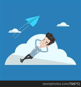 Young businessman lying on a cloud and looking at flying paper plane. Business man relaxing on a cloud. Vector flat design illustration. Square layout.. Businessman lying on cloud vector illustration.