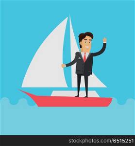 Young Businessman on Sailing Yacht. Young businessman in black business suit and tie stand on sailing yacht. Summer vacation at sea concept. Business people. Yacht trip. Vector illustration in flat design.