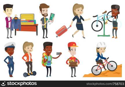 Young businessman packing his clothes in an opened suitcase. Asian man putting a suit into a suitcase. Man preparing for vacation. Set of vector flat design illustrations isolated on white background.. Vector set with people traveling.