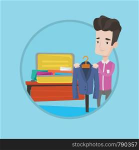 Young businessman packing his clothes in an opened suitcase. Smiling caucasian businessman putting a suit into a suitcase. Vector flat design illustration in the circle isolated on background.. Young man packing his suitcase vector illustration