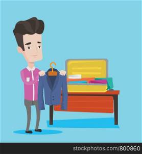 Young businessman packing his clothes in an opened suitcase. Smiling caucasian businessman putting a suit into a suitcase. Man preparing for vacation. Vector flat design illustration. Square layout.. Young man packing his suitcase vector illustration