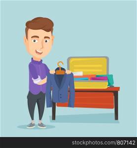 Young businessman packing his clothes in an opened suitcase. Smiling caucasian businessman putting a suit into a suitcase. Man preparing for vacation. Vector flat design illustration. Square layout.. Young man packing his suitcase vector illustration