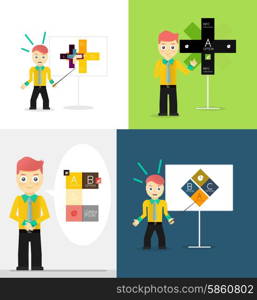 Young businessman presents his modern option infographic diagram. Set of illustrations. Young businessman presents his modern option infographic diagram. Set of illustrations. Vector flat design