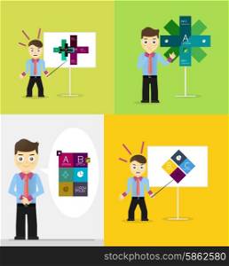 Young businessman presents his modern option infographic diagram. Set of illustrations. Young businessman presents his modern option infographic diagram. Set of illustrations. Vector flat design