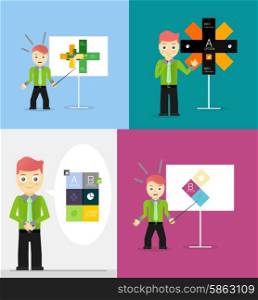 Young businessman presents his modern option infographic diagram. Set of illustrations. Young businessman presents his modern option infographic diagram. Set of illustrations. Vector flat design