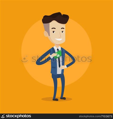 Young businessman putting money in his pocket. Businessman hiding money in jacket pocket. Bribing, corruption and fraud concept. Vector flat design illustration. Square layout.. Businessman putting money in pocket.