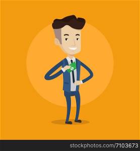 Young businessman putting money in his pocket. Businessman hiding money in jacket pocket. Bribing, corruption and fraud concept. Vector flat design illustration. Square layout.. Businessman putting money in pocket.