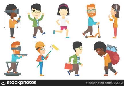 Young businessman riding a kick scooter. Businessman with briefcase riding to work on kick scooter. Businessman on a kick scooter. Set of vector flat design illustrations isolated on white background.. Vector set of sportsmen and people in vr headset.