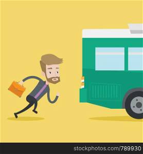 Young businessman running to catch bus. Caucasian man running for a outgoing bus. Man with briefcase chasing a bus. Latecomer man running to reach a bus. Vector flat design illustration. Square layout. Latecomer man running for the bus.