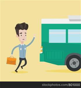 Young businessman running to catch bus. Caucasian man running for a outgoing bus. Man with briefcase chasing a bus. Latecomer man running to reach a bus. Vector flat design illustration. Square layout. Latecomer man running for the bus.