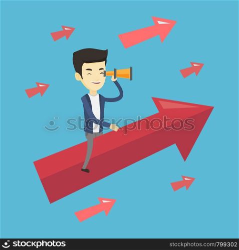 Young businessman searching for opportunities. Asian businessman using spyglass for searching of business opportunities. Business opportunities concept. Vector flat design illustration. Square layout.. Business man looking through spyglass.