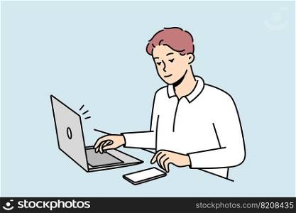 Young businessman sit at desk work on laptop use cellphone. Male employee multitask busy with electronic gadgets on table in office. Vector illustration. . Male employee busy with gadgets in office 