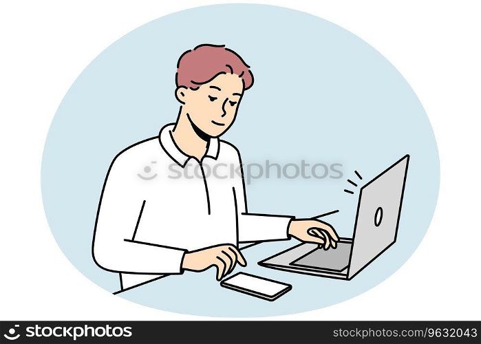 Young businessman sit at desk work on laptop use cellphone. Male employee multitask busy with electronic gadgets on table in office. Vector illustration.. Male employee busy with gadgets in office