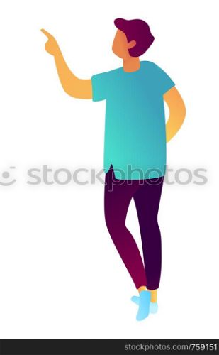 Young businessman standing and pointing finger at something, tiny people isometric 3D illustration. Showing, presenting and advertising, introduce concept. Isolated on white background.. Businessman pointing with finger isometric 3D illustration.