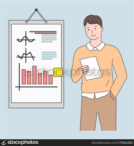 Young businessman standing with sheet of paper and board with statistical data. Vector office worker holding and looking on paper, financial analytic. Young Businessman Standing with Sheet of Paper