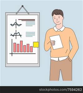 Young businessman standing with sheet of paper and board with statistical data. Vector office worker holding and looking on paper, financial analytic. Young Businessman Standing with Sheet of Paper