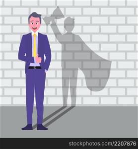Young businessman success concept. A businessman casts the shadow of a superhero in a raincoat on the wall. Business motivation. Modern vector illustration.