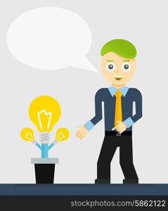 Young businessman talking about his new idea. Growing light bulbs, startup concept. Vector flat design