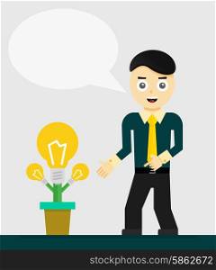 Young businessman talking about his new idea. Growing light bulbs, startup concept. Vector flat design