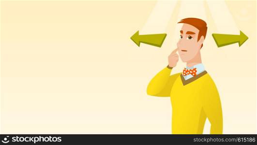 Young businessman thinking about solution of business problem. Businessman with two arrows symbolizing business solution. Business solution concept. Vector flat design illustration. Horizontal layout.. Man choosing career way or business solution.