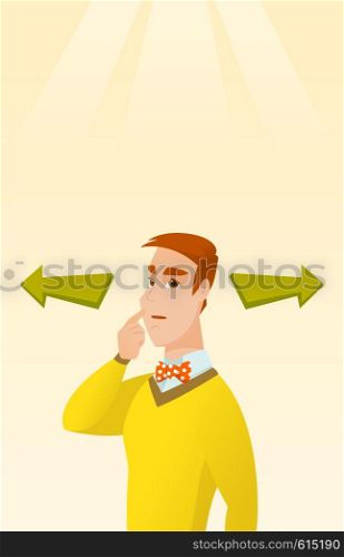 Young businessman thinking about solution of business problem. Businessman with two arrows symbolizing business solution. Business solution concept. Vector flat design illustration. Vertical layout.. Man choosing career way or business solution.