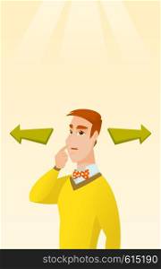 Young businessman thinking about solution of business problem. Businessman with two arrows symbolizing business solution. Business solution concept. Vector flat design illustration. Vertical layout.. Man choosing career way or business solution.