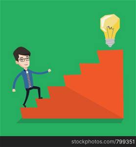 Young businessman walking upstairs to the idea light bulb. Businessman running on the stairs to get the light bulb on the top. Business idea concept. Vector flat design illustration. Square layout.. Businessman walking upstairs to the idea bulb.
