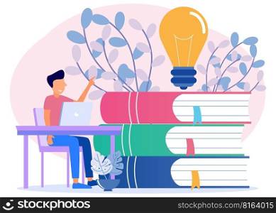 Young businessman with a large pile of books in the room. Character of people Looking for information, ideas, consulting, education, business and lifestyle. Modern vector illustration.