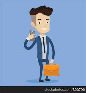 Young businessman with briefcase making selfie. Happy man in suit taking photo with cellphone. Businessman looking at smartphone and taking selfie. Vector flat design illustration. Square layout.. Businessman making selfie vector illustration.