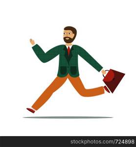 Young businessman with briefcase running fast. Business concept. Vector illustration.