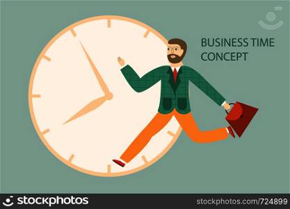Young businessman with briefcase running fast. Business concept. Vector illustration.