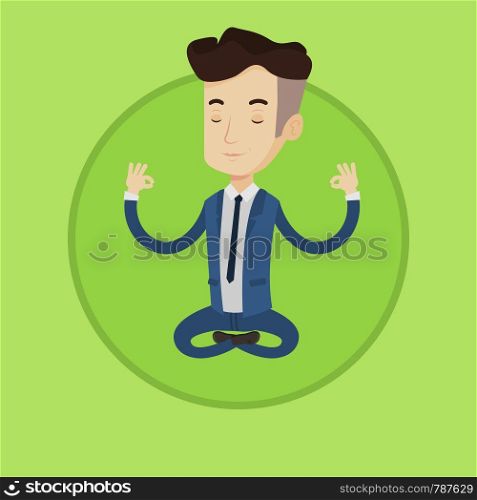 Young businessman with eyes closed meditating in yoga lotus position. Caucasian businessman relaxing in the lotus position. Vector flat design illustration in the circle isolated on background. Businessman meditating in lotus position.