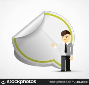 Young businessman with speech bubble. Young businessman with speech cloud. Modern cartoon presentation concept