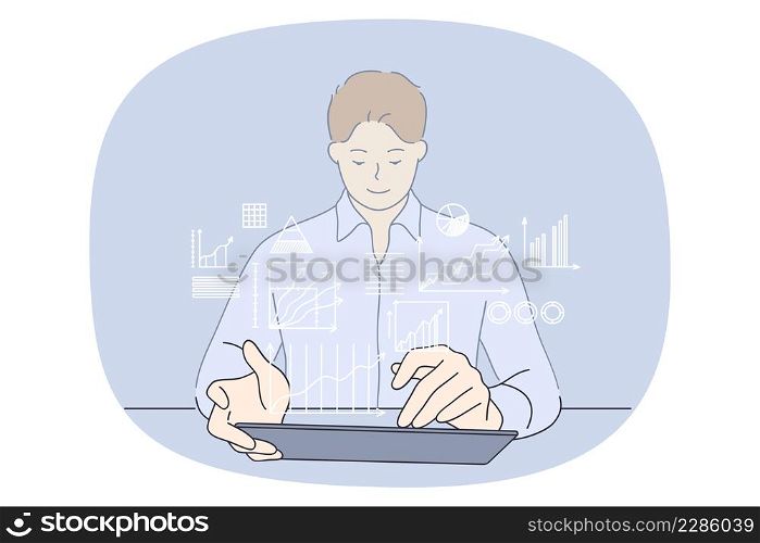 Young businessman work on tablet with chart and diagrams analyze financial data on web. Man employee or worker busy with graphs do finance banking research on pad. Vector illustration. . Businessman work on tablet with financial graphs