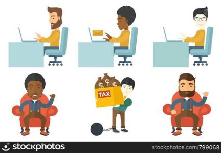 Young businessman working on a laptop. Businessman sending or receiving email using laptop. Business technology and email concept. Set of vector flat design illustrations isolated on white background.. Vector set of illustrations with business people.