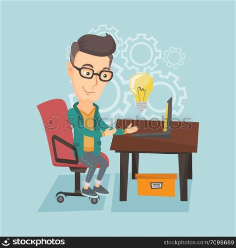 Young businessman working on a laptop on a new business idea. Caucasian happy business man having business idea. Successful business idea concept. Vector flat design illustration. Square layout.. Successful business idea vector illustration.