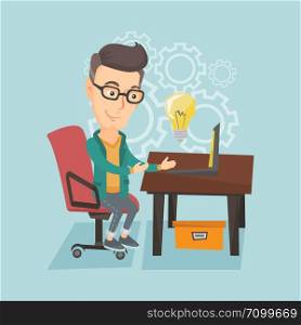 Young businessman working on a laptop on a new business idea. Caucasian happy business man having business idea. Successful business idea concept. Vector flat design illustration. Square layout.. Successful business idea vector illustration.