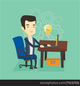 Young businessman working on a laptop on a new business idea. Asian happy business man having new business idea. Successful business idea concept. Vector flat design illustration. Square layout.. Successful business idea vector illustration.