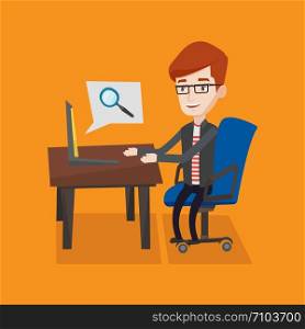 Young businessman working on his laptop in office and a magnifying glass coming out of his laptop. Concept of search. Vector flat design illustration. Square layout.. Businessman working on his laptop.