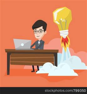Young businessman working on laptop in office and idea bulb taking off behind him. Man having business idea. Successful business idea, start up concept. Vector flat design illustration. Square layout.. Successful business idea vector illustration.