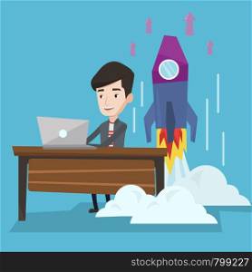 Young businessman working on laptop in office and rocket taking off behind him. Man launching a new business. Successful business start up concept. Vector flat design illustration. Square layout.. Successful business start up vector illustration.