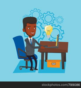 Young businessman working on laptop on a new business idea. An african-american happy man having a business idea. Successful business idea concept. Vector flat design illustration. Square layout.. Successful business idea vector illustration.