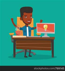 Young businessman working on laptop on a new business idea. An african-american happy man having a business idea. Successful business idea concept. Vector flat design illustration. Square layout.. Successful business idea vector illustration.