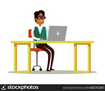Young businessman works on his laptop in office, sitting at desk, looking at computer screen on white background. Smiling young man personage. Flat design vector illustration.. Businessman Works on His Laptop