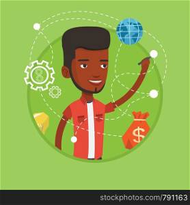Young businessman writing on a virtual screen. Cheerful african-american businessman drawing a business plan on a virtual screen. Vector flat design illustration in the circle isolated on background.. Man writing cloud computing on virtual screen.