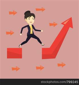 Young businesswoman facing with business obstacle. Asian successful businesswoman coping with business obstacle successfully. Business obstacle concept. Vector flat design illustration. Square layout.. Business woman jumping over gap on arrow going up.