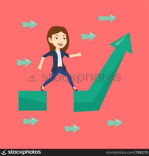Young businesswoman facing with business obstacle. Caucasian businesswoman coping with business obstacle successfully. Business obstacle concept. Vector flat design illustration. Square layout.. Business woman jumping over gap on arrow going up.