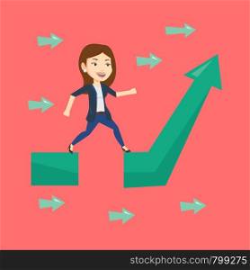 Young businesswoman facing with business obstacle. Caucasian businesswoman coping with business obstacle successfully. Business obstacle concept. Vector flat design illustration. Square layout.. Business woman jumping over gap on arrow going up.