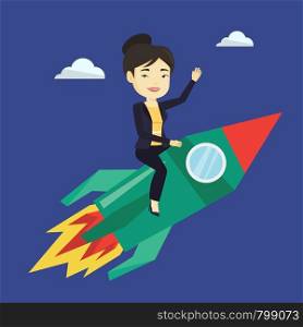 Young businesswoman flying on business start up rocket. Asian business woman sitting on business start up rocket and waving. Business start up concept. Vector flat design illustration. Square layout.. Business start up vector illustration.
